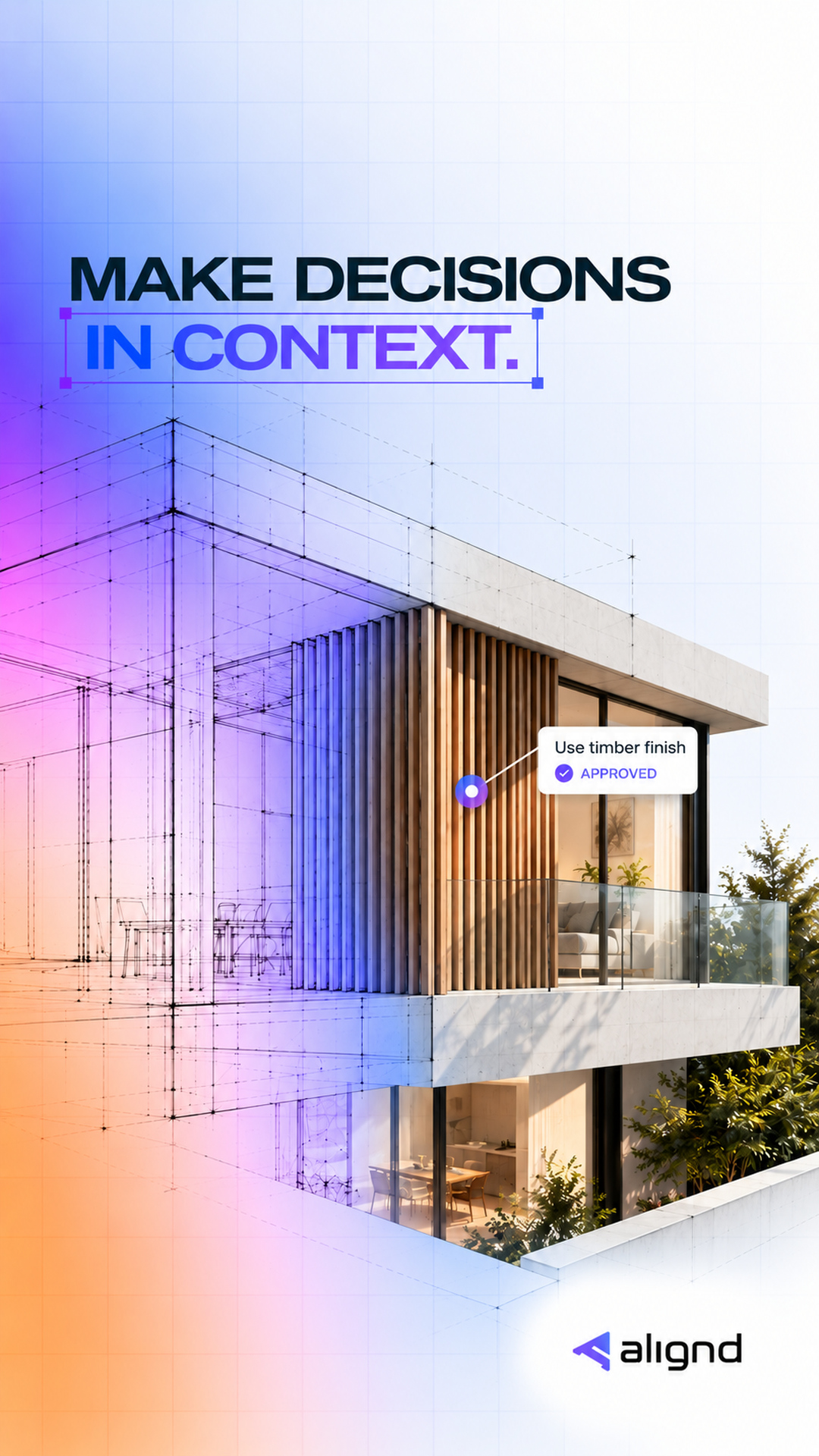 A timber façade shown in drawing and rendered form, with a visual annotation reading Use timber finish, Approved.