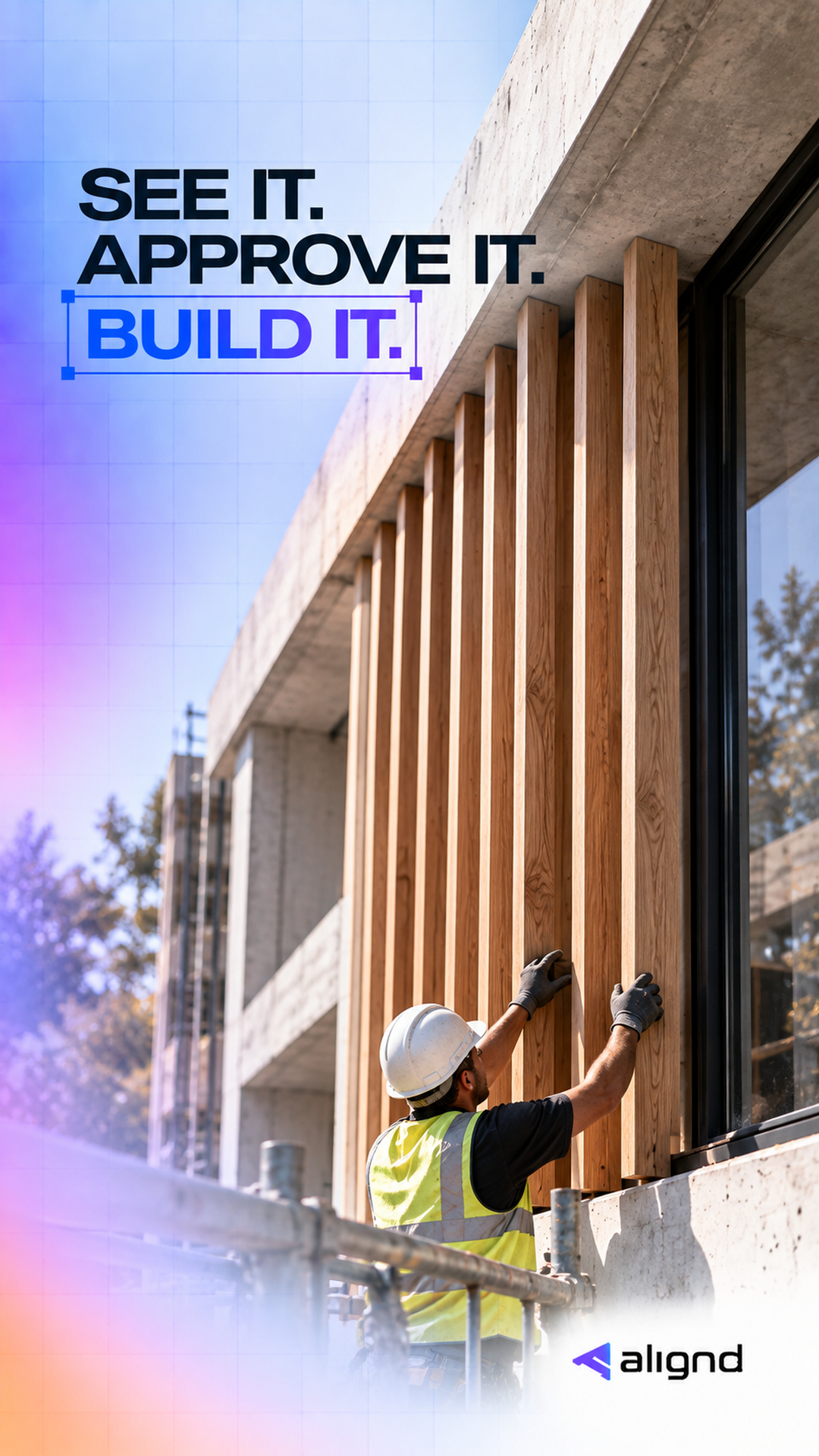 A construction worker installs timber elements on a concrete building façade.